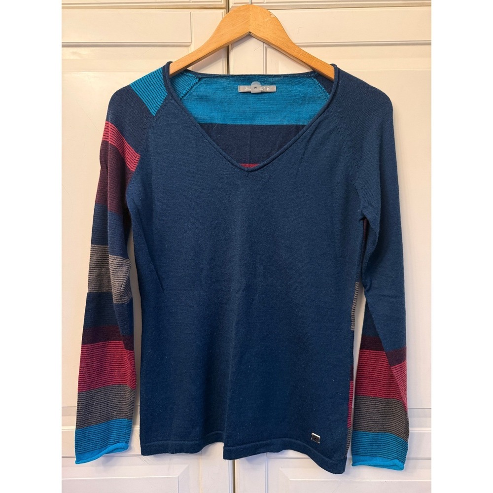 Smartwool Womens Merino Wool V-Neck Striped Raglan Sleeve Sweater Blue Small